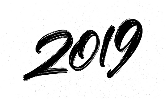 Vector illustration: Hand drawn brush ink lettering of 2019. Happy New Year. Chines calligraphy