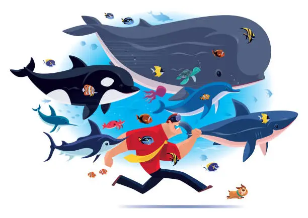 Vector illustration of businessman running with sea creatures via VR goggles