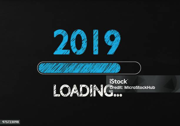 Chalk Drawing New Year 2019 Loading On Blackboard Stock Photo - Download Image Now - 2019, Downloading, Loading