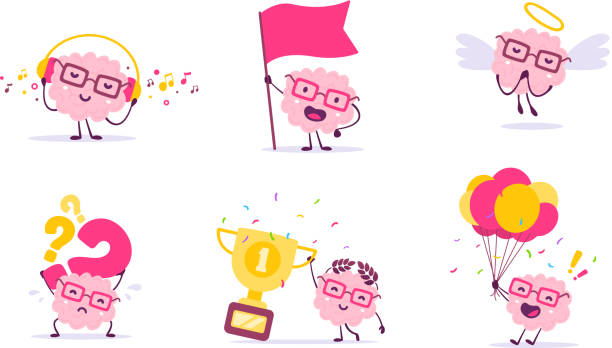 векторный набор иллюстраций розового цвета улыбки мозга с о�чками в разных позах на белом фоне. концепция мозга мультфильма. дудл стиль. - flying vacations doodle symbol stock illustrations