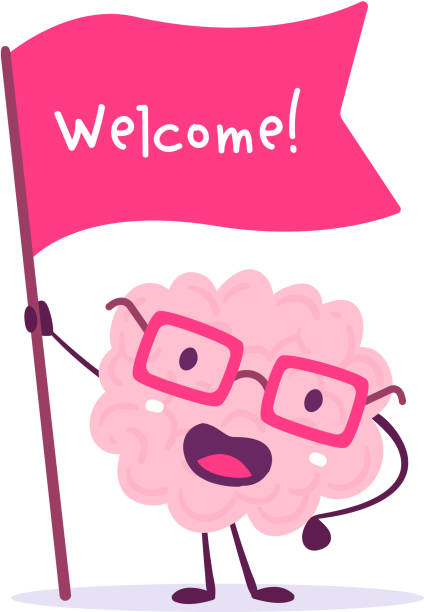 illustrations, cliparts, dessins animés et icônes de illustration vectorielle de couleur rose sourire cerveau avec des lunettes, tenant le drapeau rouge sur fond blanc. notion de dessin animé bienvenue de cerveau. - animated flag