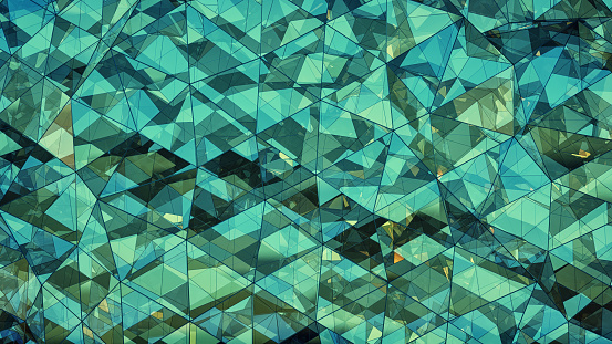 Triangulated multilayered turquoise glass construction. Futuristic polygonal surface. Abstract trendy background. 3D rendering