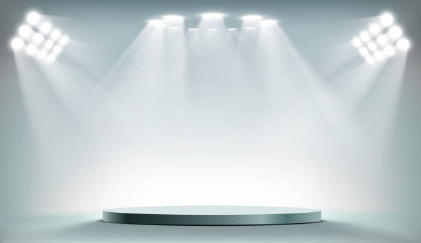 Round podium illuminated by searchlights. Round podium illuminated by searchlights. Blank background with copy space. Stock vector illustration. stage performance space illustrations stock illustrations
