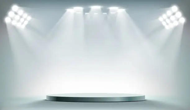 Vector illustration of Round podium illuminated by searchlights.