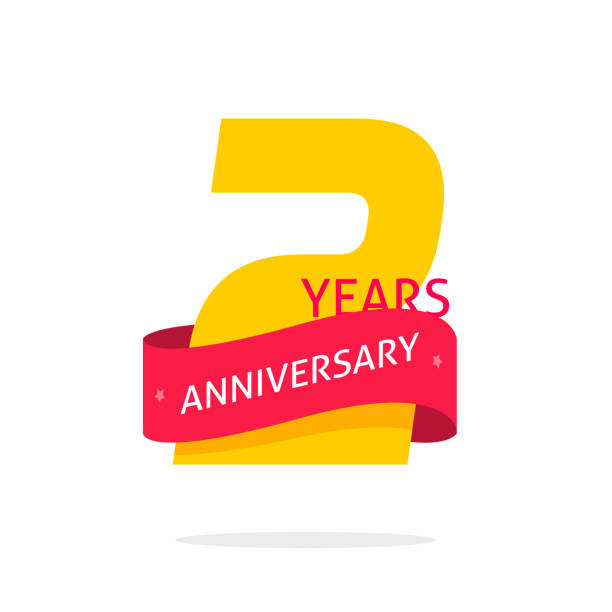 2 years anniversary logo template isolated on white, number 2 anniversary icon label with red ribbon, two year birthday seal vector symbol