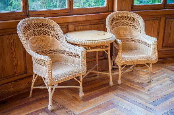 This  couple of Italian wickler chairs with table are part of the original furniture (1910-1920) of a semi-abandoned villa owned by a nobiliar family today extinct.