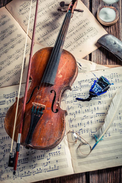 istock Retro violin, musical sheets, ink and feather 975747612