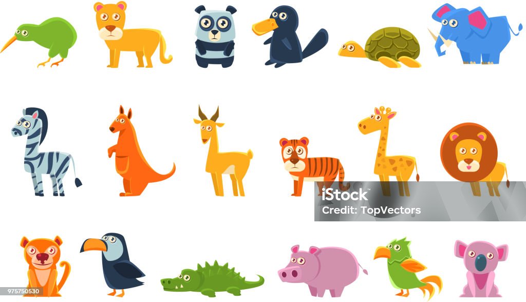 Exotic Animals Fauna Set Exotic Animals Fauna Set Of Silly Childish Drawings Isolated On Background. Funny Animal Colorful Vector Stickers Set. Africa stock vector