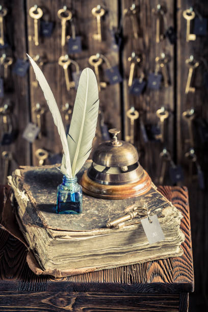 istock Vintage reception in hotel with guestbook and keys 975754202