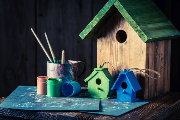 istock Home for birds and blue plan to build it 975754426