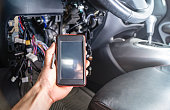 Diagnosis of car faults: a portable auto scanner with OBD2 interface in the electrician's hand. On the background of the interior of the car with a dismantled panel and wires.