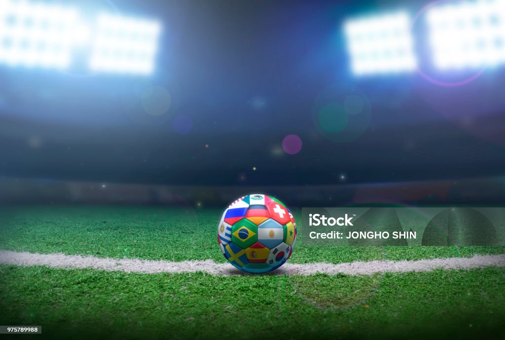Soccer ball in the stadium Stadium, Ball, Soccer Ball, Goal - Sports Equipment, Activity International Soccer Event Stock Photo
