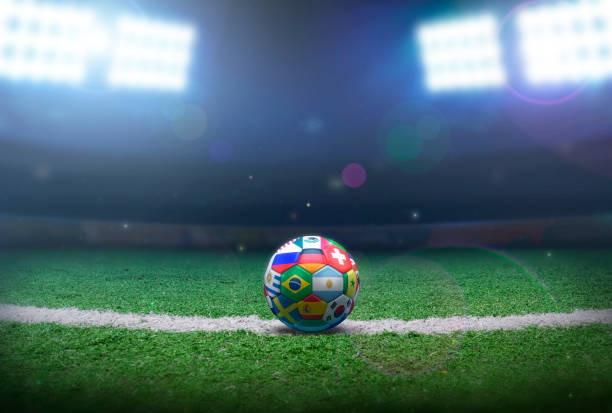 Soccer ball in the stadium stock photo