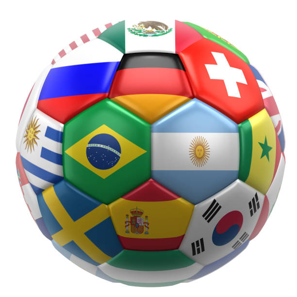 3D soccer ball with nations flags stock photo