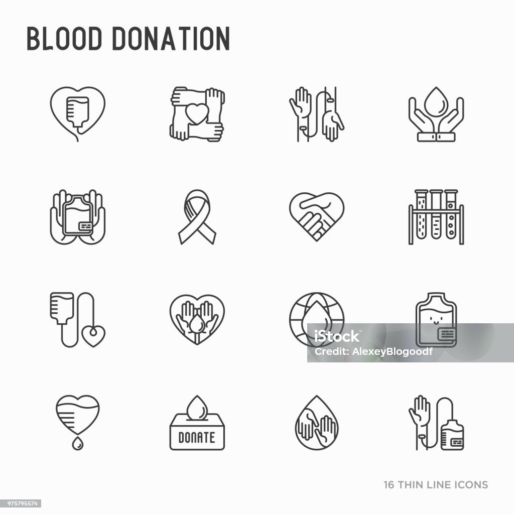 Blodgivning, välgörenhet, ömsesidigt stöd tunn linje ikoner set. Symboler för blodtransfusion, medicinsk hjälp och volontärer. Vektorillustration för Världsdagen för givare. - Royaltyfri Blod vektorgrafik
