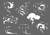 Vector smoke set special effects template. Cartoon steam clouds, puff, mist, fog, watery vapour or dust explosion 2D VFX illustration. Clipart element for game, print, advertising, menu and web design