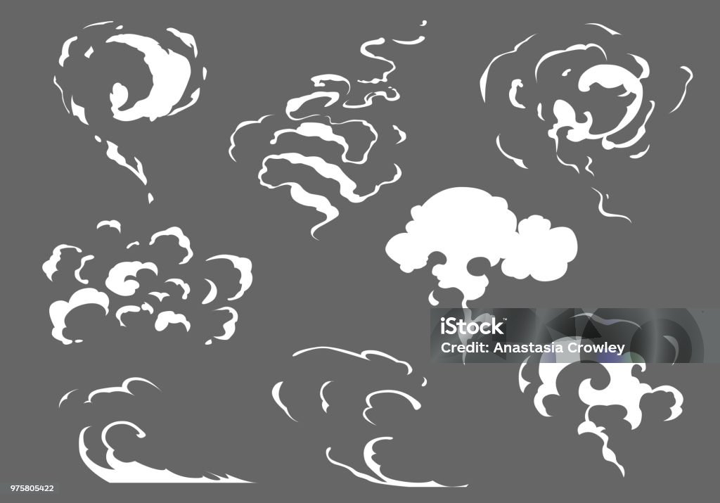 Vector smoke set special effects template. Cartoon steam clouds, puff, mist, fog, watery vapour or dust explosion 2D VFX illustration. Clipart element for game, print, advertising, menu and web design Running stock vector