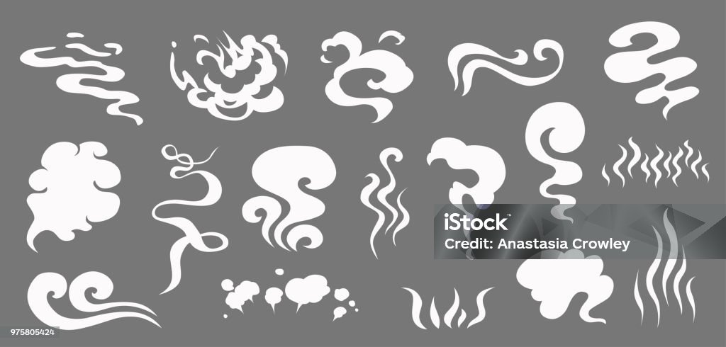 ベクトル煙は特殊効果テンプレートを設定します。漫画の蒸気雲、パフ、霧、霧、水っぽい蒸気やほこり爆発2D VFXのイラスト。ゲーム、印刷、広告、メニュー、ウェブデザインのためのクリ� - 煙のロイヤリティフリーベクトルアート