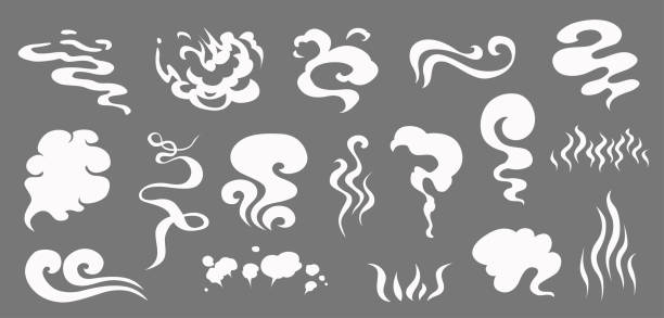 벡터 연기 특수 효과 템플릿을 설정합니다. 만화 증기 구름, 퍼프, 안개, 안개, 물 수증기 또는 먼지 폭발 2d vfx 그림. 게임, 인쇄, 광고, 메뉴 및 웹 디자인에 대 한 클립 아트 요소 - 증기 stock illustrations