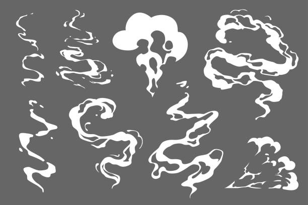 illustrazioni stock, clip art, cartoni animati e icone di tendenza di modello di effetti speciali set di fumo vettoriale. nuvole di vapore dei cartoni animati, sbuffo, nebbia, nebbia, vapore acqueo o esplosione di polvere illustrazione vfx 2d. elemento clipart per gioco, stampa, pubblicità, menu e web design - smoke
