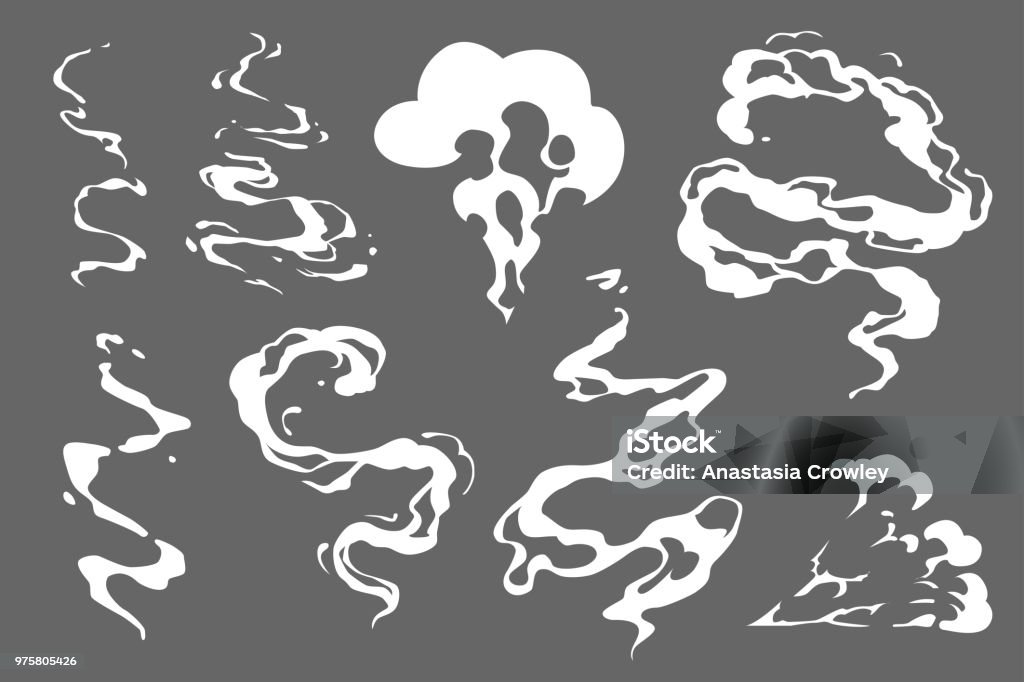 Vector rök in specialeffekter mall. Cartoon puff, dimma, dimma, ånga moln, vattnig ångor eller damm explosion 2D VFX illustration. ClipArt-elementet för spel, tryck, reklam, menyn och webbdesign - Royaltyfri Rök vektorgrafik