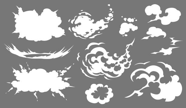 illustrations, cliparts, dessins animés et icônes de modèle de vecteur de fumée ensemble des effets spéciaux. dessin animé bouffée, souffle, brume, brouillard, nuages de vapeur, liquide vapeur ou poussière explosion vfx illustration 2d. clipart, élément de jeu, publicité, design web et menu - flash menu