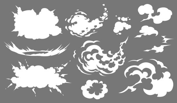 szablon efektów specjalnych zestawu efektów specjalnych dymu wektorowego. kreskówkowe chmury parowe, puff, blast, mgła, mgła, wodniszna para lub wybuch pyłu 2d ilustracja vfx. element clipart do gier, reklam, menu i projektowania stron internetowych - flash menu stock illustrations