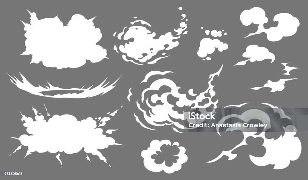 Vector smoke set special effects template. Cartoon steam clouds, puff, blast, mist, fog, watery vapour or dust explosion 2D VFX illustration. Clipart element for game, advertising, menu and web design Jumping stock vector
