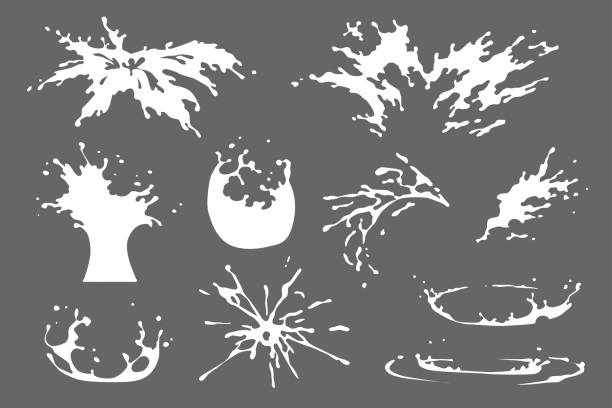 Set of water, milk or yoghurt splash clipart, water drops and crown from falling into the liquid, isolated vector effects design. Spray motion, spatter blast, drip, firework 2D VFX game illustration Set of water, milk or yoghurt splash clipart, water drops and crown from falling into the liquid, isolated vector effects design. Spray motion, spatter blast, drip, firework 2D VFX game illustration splashing stock illustrations