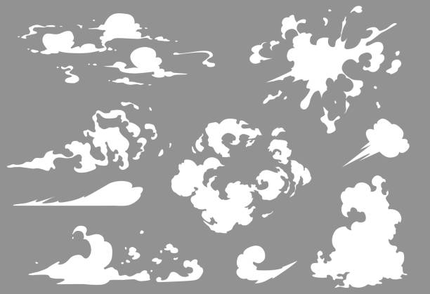 벡터 연기 특수 효과 템플릿을 설정합니다. 만화 증기 구름, 퍼프, 안개, 안개, 물 수증기 또는 먼지 폭발 2d vfx 그림. 게임, 인쇄, 광고, 메뉴 및 웹 디자인에 대 한 클립 아트 요소 - flash menu stock illustrations