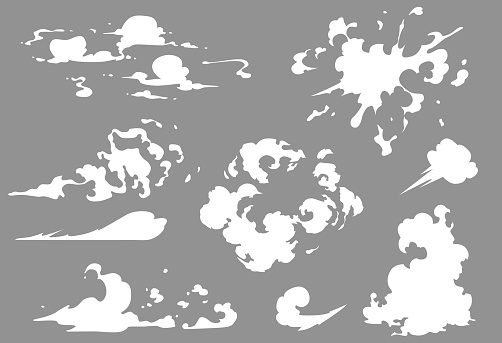 Vector smoke set special effects template. Cartoon steam clouds, puff, mist, fog, watery vapour or dust explosion 2D VFX illustration. Clipart element for game, print, advertising, menu and web design