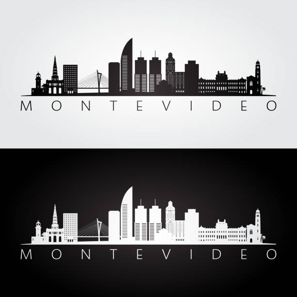 ilustraciones, imágenes clip art, dibujos animados e iconos de stock de silueta de horizonte y puntos de interés de montevideo, diseño blanco y negro, vector de ilustración. - montevideo uruguay town square travel