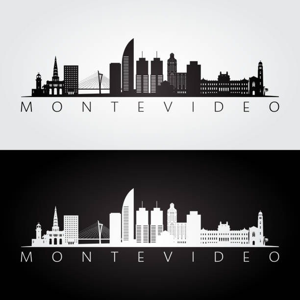 монтевидео горизонта и ориентиры силуэт, черно-белый дизайн, векторная иллюстрация. - uruguay stock illustrations