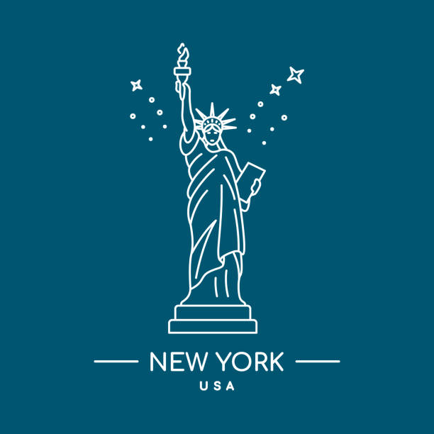 illustrazioni stock, clip art, cartoni animati e icone di tendenza di illustrazione vettoriale della statua della libertà. line art. new york, punto di riferimento usa. - crown liberty statue