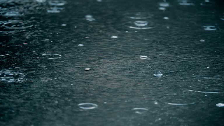 4K slow motion establishing shot of rain falling on pavement.