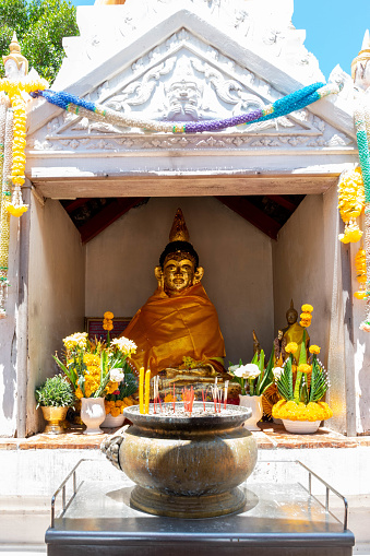 Songkhla, Thailand, Apr. 13, 2018 : Ancient buddhas in the buddha church at wat Wat Kudi, Songkhla, Thailand