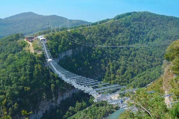 Longest suspended pedestrian bridge across the gorge in Russia Longest suspended pedestrian bridge across the gorge in Russia with zip line and the station of extreme sports sochi stock pictures, royalty-free photos & images
