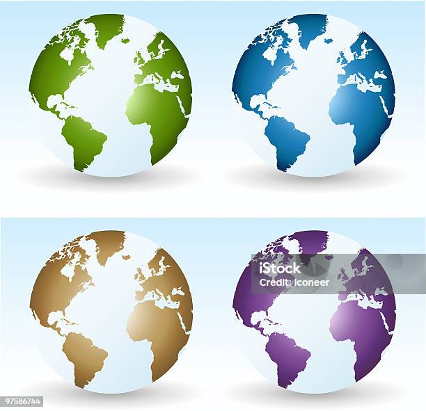 Vier Farbige Globen Mit World Karten Stock Vektor Art und mehr Bilder von Afrika - Afrika, Amerikanische Kontinente und Regionen, Beige