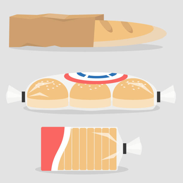 여러 종류의 빵에 포장된 플라스틱 및 종이 가방. 베이커리입니다. 글루텐 무료 음식입니다. 평면 편집 가능한 벡터 일러스트 레이 션, 클립 아트 - sliced bread stock illustrations