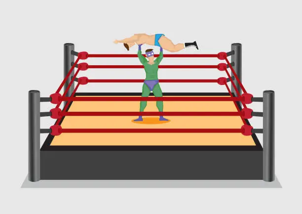 Vector illustration of Wrestler Lifts Up Opponent in Wrestling Ring Vector Cartoon Illustration