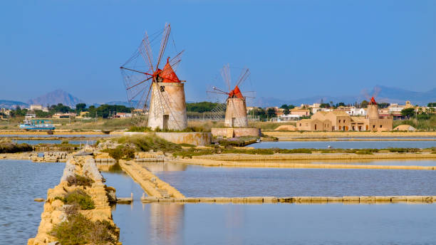 solución salina della laguna, "isole dello stagnone di marsala" reserva natural (marsala, sicilia, italia) - trapani fotografías e imágenes de stock