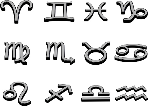 Set of all 12 zodiac signs as 3D renders in silver texture on white background.