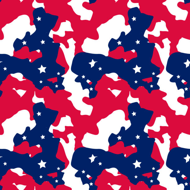 Abstract camo background in national USA colors - white, red and navy blue Seamless repeat camouflage pattern with stars - UFO patriotic camoflauge, wallpaper, backdrop or print to 4th of July etc. red camouflage pattern stock illustrations