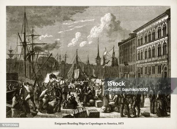 Immigrants Boarding A Ships In Copenhagen To America 1873 Engraving Stock Illustration - Download Image Now