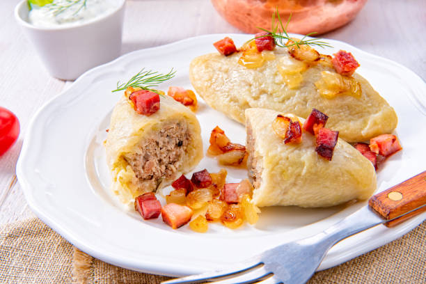 Rustic Cepelinai, a specialty Lithuanian and Polish cuisine.