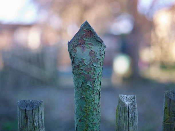Closeup of a weathered green metal fence post of an old wooden fence