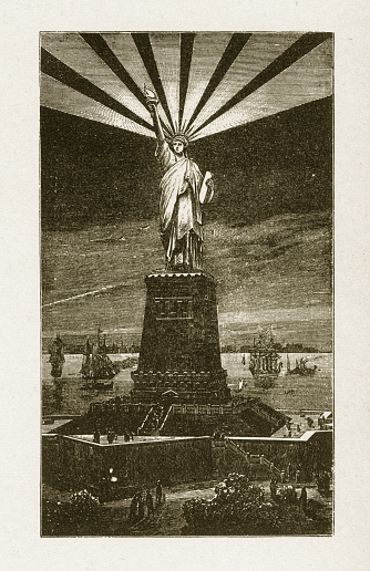 Beautifully Illustrated Antique Engraved Victorian Illustration of Statue of Liberty at Night Victorian Engraving, 1878. Source: Original edition from my own archives. Copyright has expired on this artwork. Digitally restored.