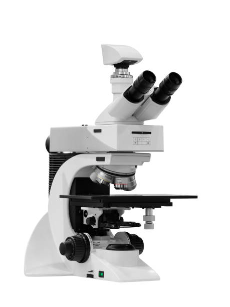 il microscopio viene utilizzato per controllare chip isolati su sfondo bianco - technician isolated on white work tool magnification foto e immagini stock