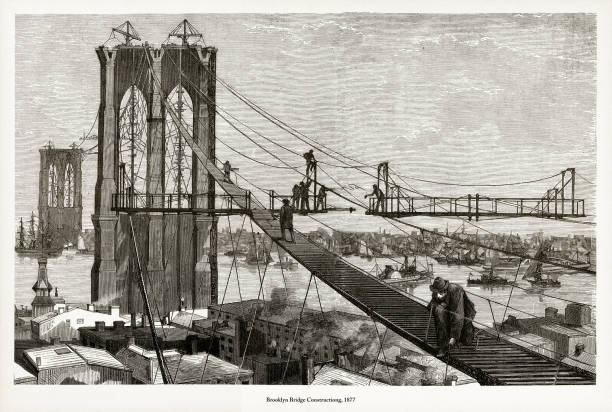 ilustrações de stock, clip art, desenhos animados e ícones de brooklyn bridge construction victorian engraving, 1877 - east river illustrations
