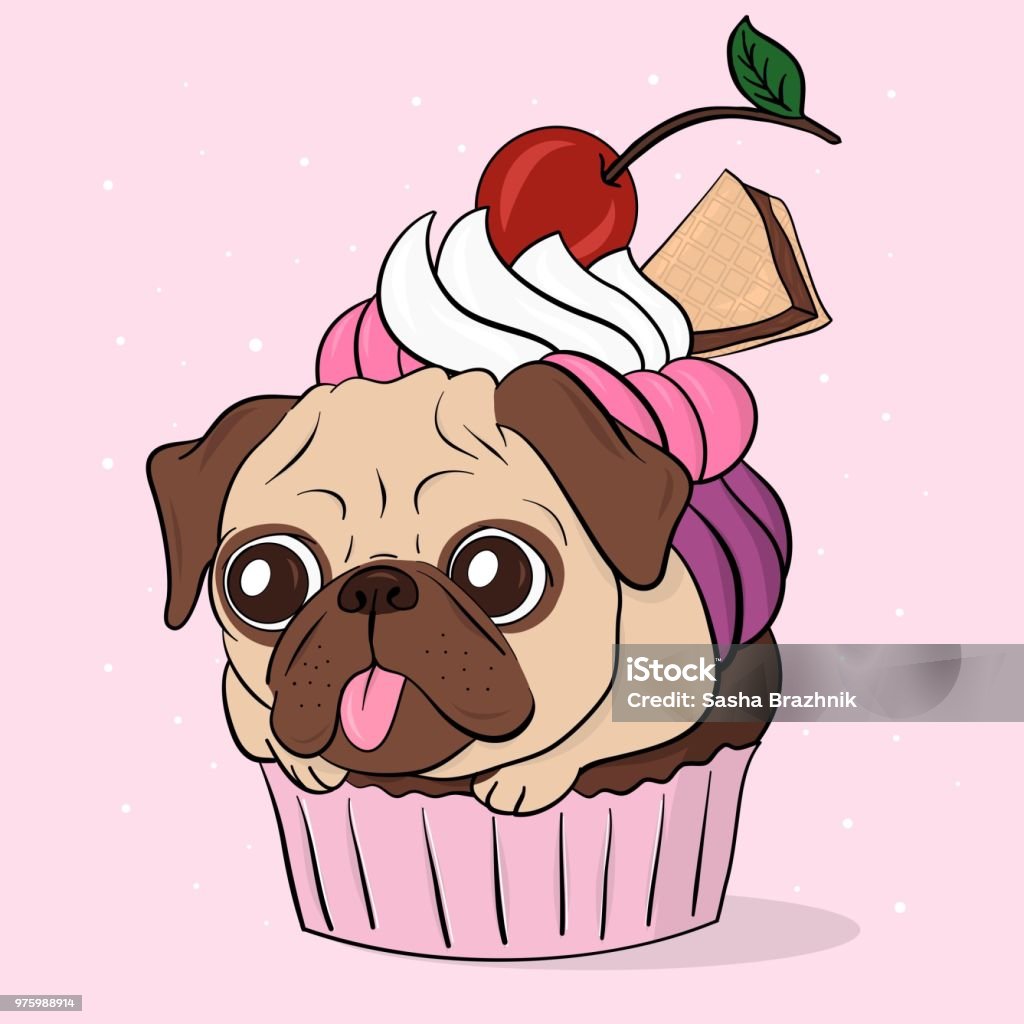 Little sweet buddy. Creative conceptual still life illustration. Pug dog with cupcake. Cupcake stock illustration